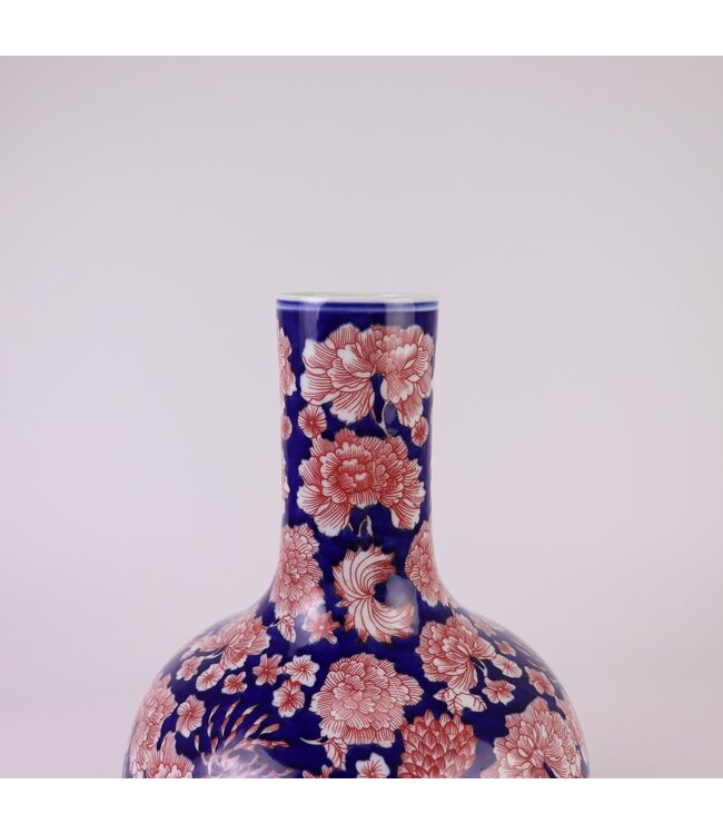 Vase Chinois Porcelaine Bleu Rouge Pivoines Peint à la Main D23xH35cm
