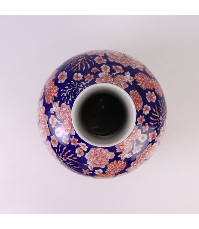 Vaso Cinese  Porcellana Blu Rosso Peonie Dipinto a Mano D23xA35cm
