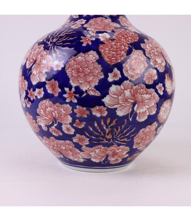 Vase Chinois Porcelaine Bleu Rouge Pivoines Peint à la Main D23xH35cm
