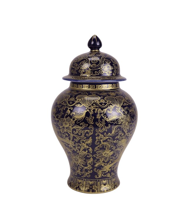 Pot à Gingembre Chinois Porcelaine Bleu Marine Dragon Peint à la Main D13xH24cm