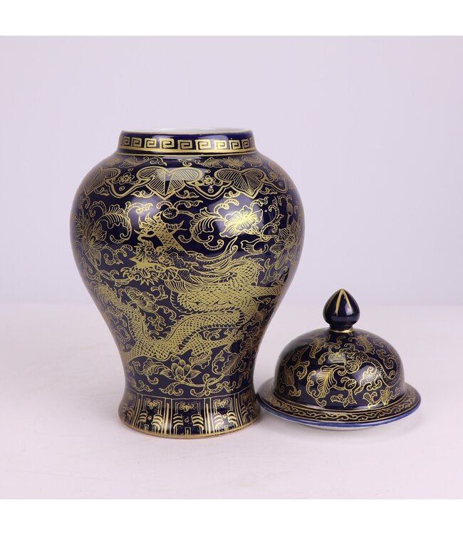 Pot à Gingembre Chinois Porcelaine Bleu Marine Dragon Peint à la Main D13xH24cm