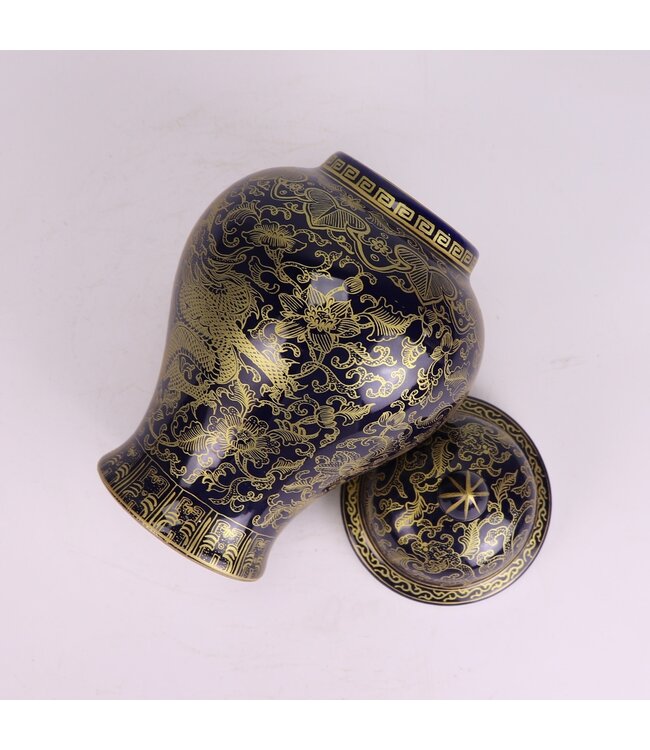 Tarro de Jengibre Chino Porcelana Azul Marino Dragón Pintado a Mano D13xAl24cm