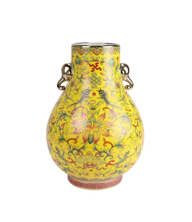 Vase Chinois Porcelaine Jaune Peint à la Main D22xH31cm