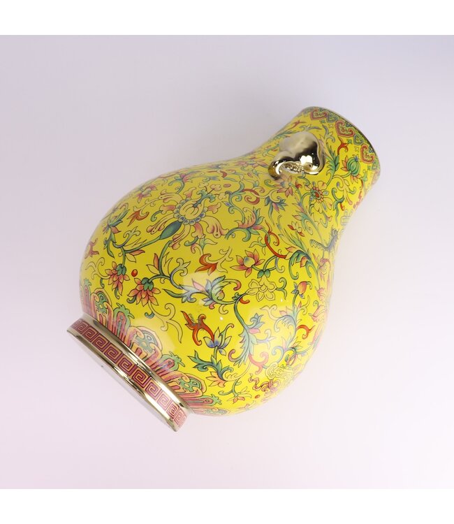 Jarrón Chino Porcelana Amarillo Pintado a Mano D22xAl31cm