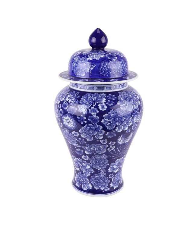 Pot à Gingembre Chinois Porcelaine Bleu Marine Pivoines Peint à la Main D19xH36cm