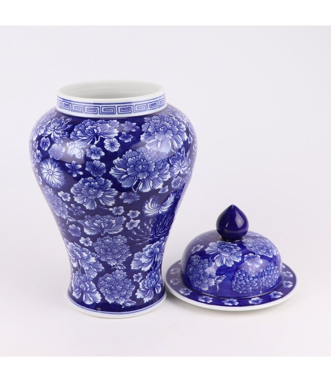 Chinese Gemberpot Porselein Navy Blauw Pioenen Handgeschilderd D19xH36cm