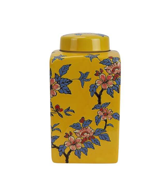 Pot à Gingembre Chinois Porcelaine Jaune Fleurs Peint à la Main D14xH26cm