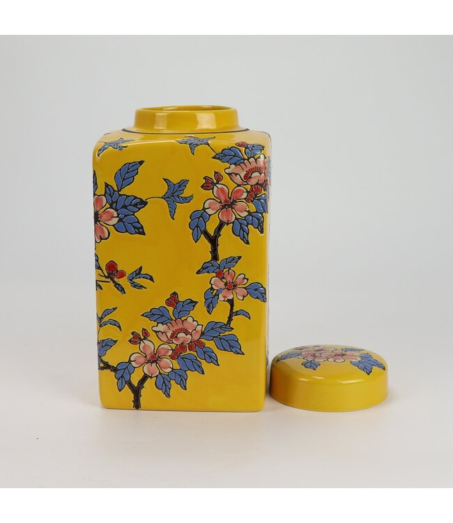 Chinese Gemberpot Porselein Geel Bloemen Handgeschilderd D14xH26cm