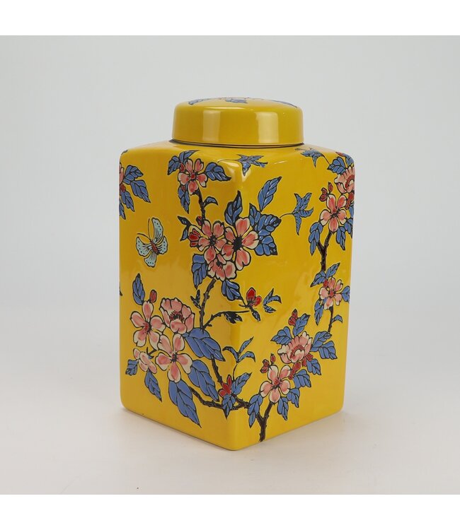 Tarro de Jengibre Chino Porcelana Amarillo Flores Pintado a Mano D14xAl26cm