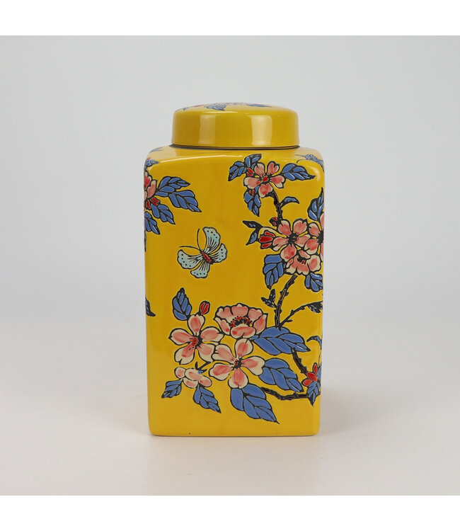 Pot à Gingembre Chinois Porcelaine Jaune Fleurs Peint à la Main D14xH26cm