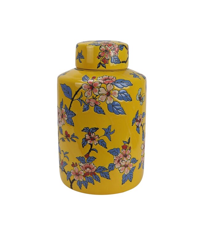 Pot à Gingembre Chinois Porcelaine Jaune Fleurs Peint à la Main D20xH31cm