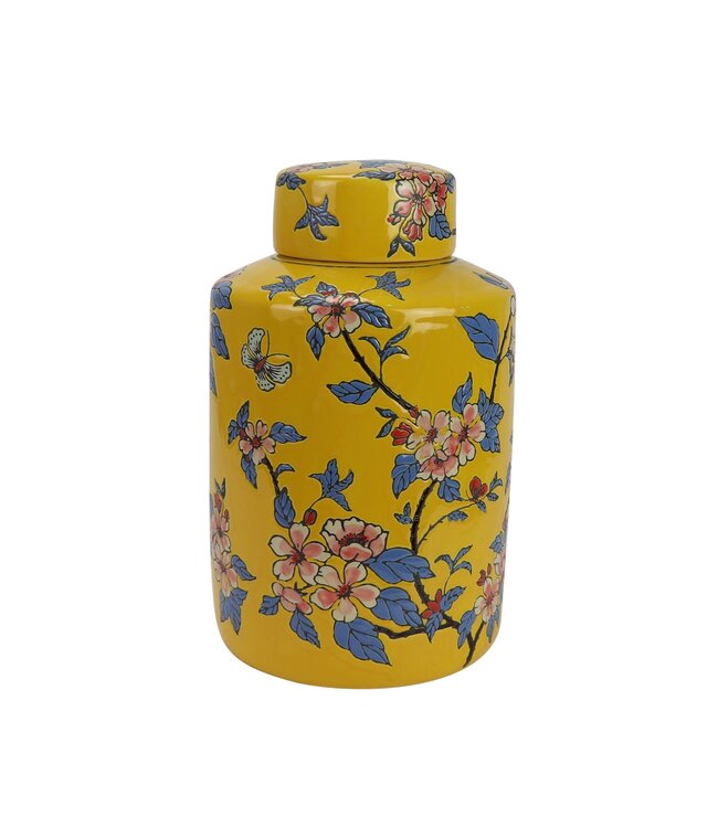 Pot à Gingembre Chinois Porcelaine Jaune Fleurs Peint à la Main D20xH31cm