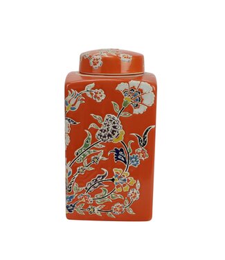 Fine Asianliving Chinesischer Vase mit Deckel Porzellan Orange Blumen Handgemalt D14xH26cm