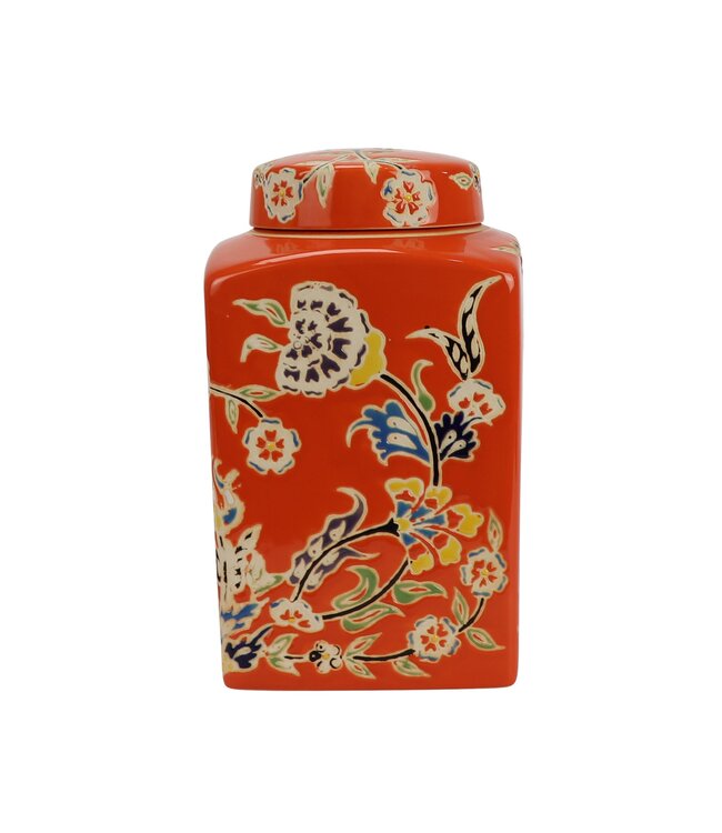 Pot à Gingembre Chinois Porcelaine Orange Fleurs Peint à la Main D12xH21cm