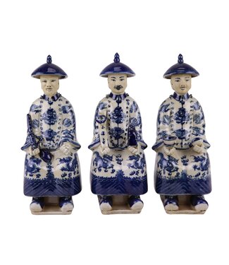 Fine Asianliving Chinesische Kaiser im Sitzen Porzellanfigur Statuen Drei Generationen Blau Weiß Handgemalt Set/3 B11xT10xH27cm