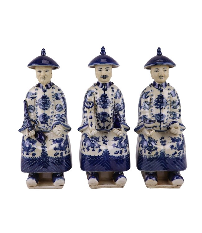 Chinese Keizers Zittend Porselein Drie Generaties Blauw Wit Handgeschilderd Set/3 B11xD10xH27cm