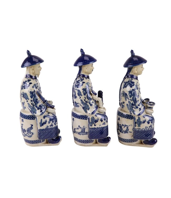 Figurine en Porcelaine Empereur Assis Chinois Trois Générations Bleu Blanc Peint à la Main Set/3 L11xP10xH27cm