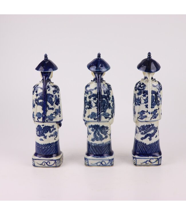 Figurine en Porcelaine Empereur Chinois Trois Générations Bleu Blanc Peint à la Main Set/3 L8xPxH27cm