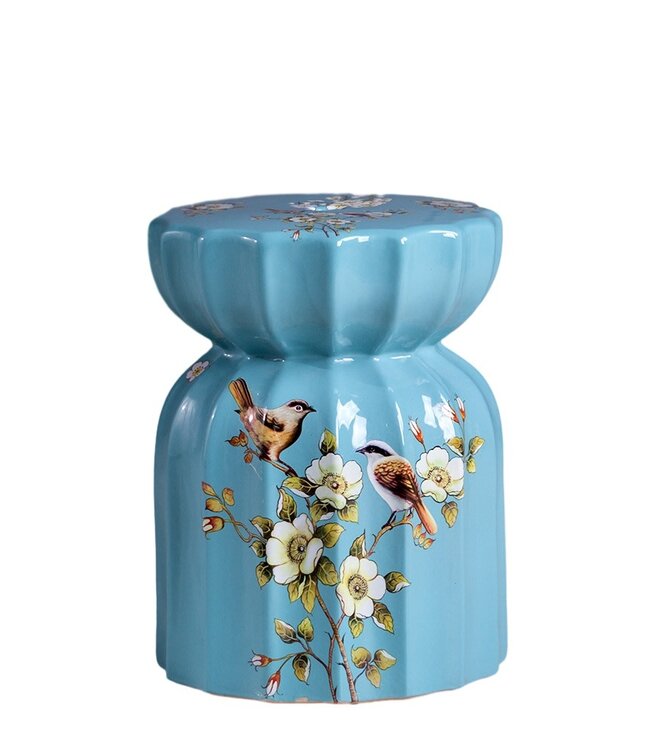 Ceramic Garden Stool Blue Birds Handmade - Serina D26xH35cm