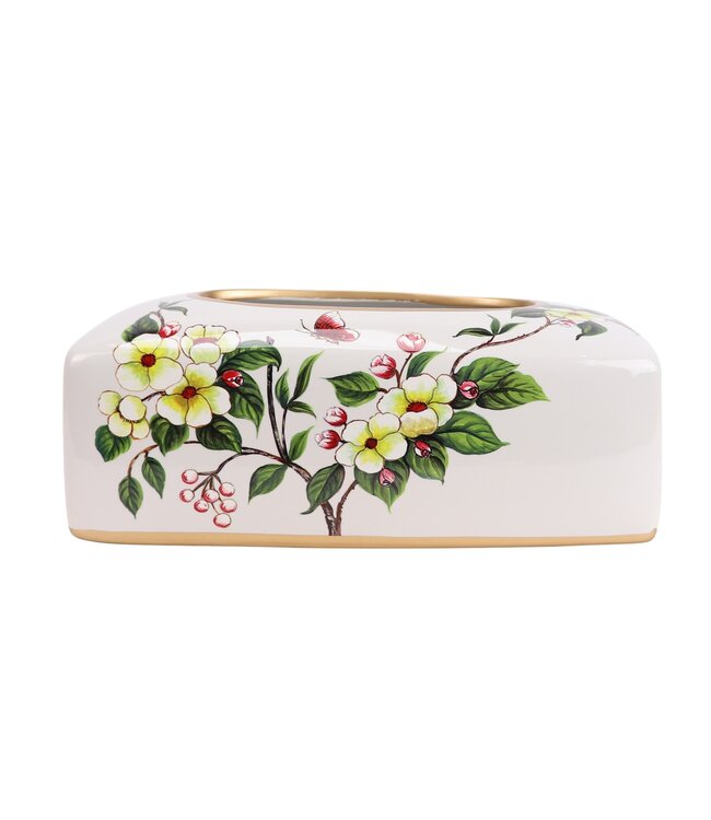 Caja de Pañuelos China Porcelana Blanco Flores An23xP9xAl14cm