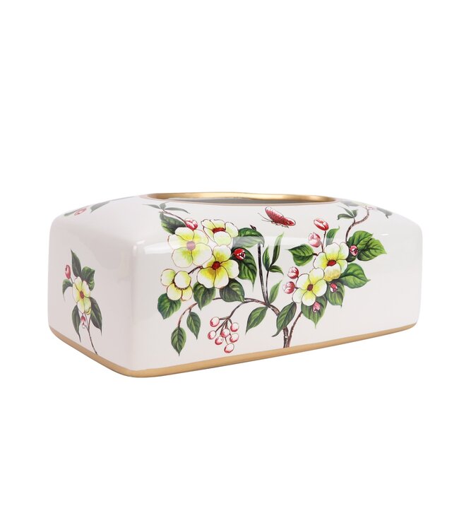 Boîte de Mouchoirs Chinoise Porcelaine Blanc Fleurs L23xP9xH14cm