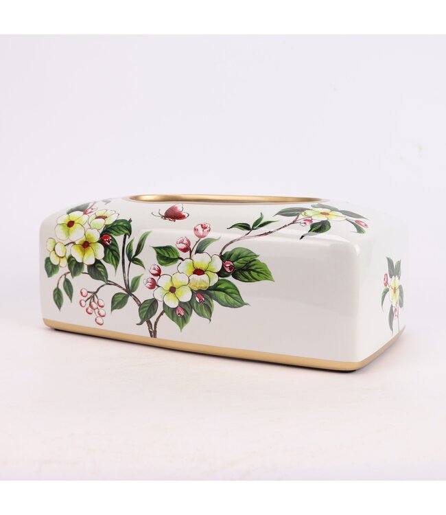 Caja de Pañuelos China Porcelana Blanco Flores An23xP9xAl14cm