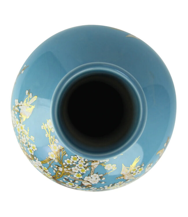 Vase Chinois Bleu Fleurs Fait Main D24xH36cm