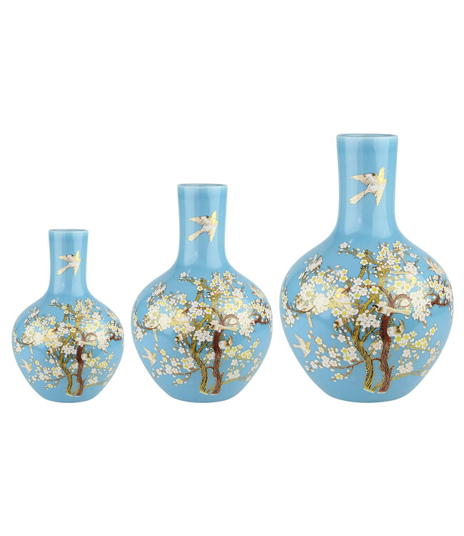 Vase Chinois Bleu Fleurs Fait Main D24xH36cm