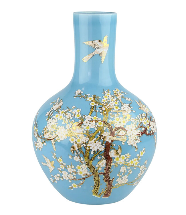 Vase Chinois Bleu Fleurs Fait Main D41xH57cm