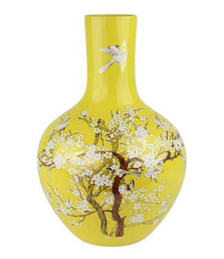 Fine Asianliving Vase Chinois Jaune Fleurs Fait Main D24xH36cm