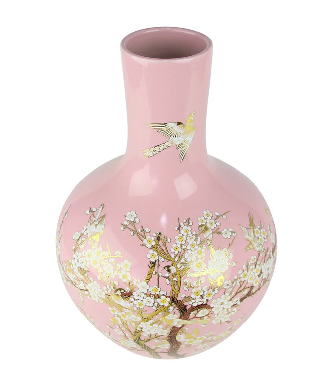 Vase Chinois Rose Fleurs Fait Main D24xH36cm