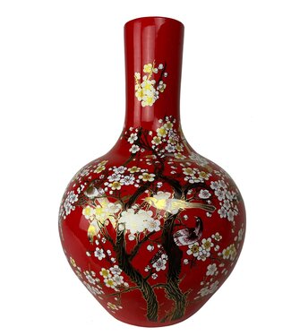 Fine Asianliving Vase Chinois Rouge Fleurs Fait Main D41xH57cm