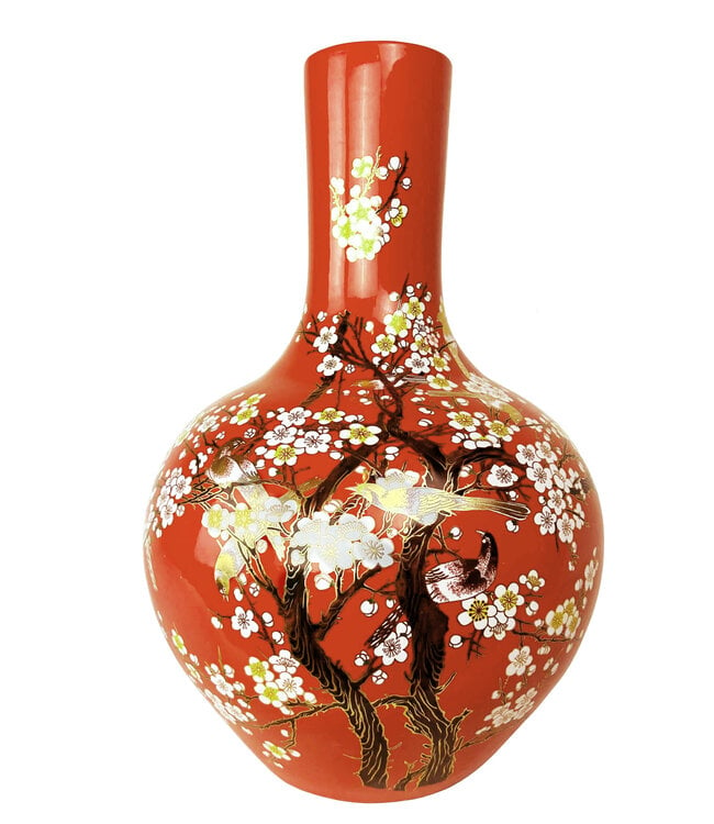 Chinese Vaas Rood Bloesems Handgemaakt D24xH36cm