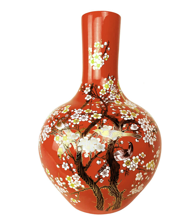 Vase Chinois Rouge Fleurs Fait Main D24xH36cm