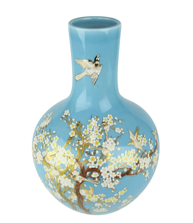 Jarrón Chino Azul Flores Hecho a Mano D24xAl36cm