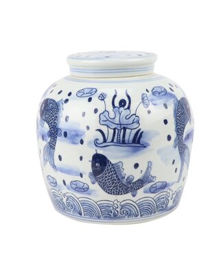 Fine Asianliving Chinese Ginger Jar Porcelain Blue White Koi Fish Hand-Painted D23xH23cm
