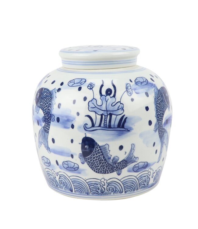 Chinese Ginger Jar Porcelain Blue White Koi Fish Hand-Painted D23xH23cm