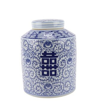 Fine Asianliving Chinesischer Vase mit Deckel Porzellan Blau Weiß Doppeltes Glück Handgemalt D23xH30cm