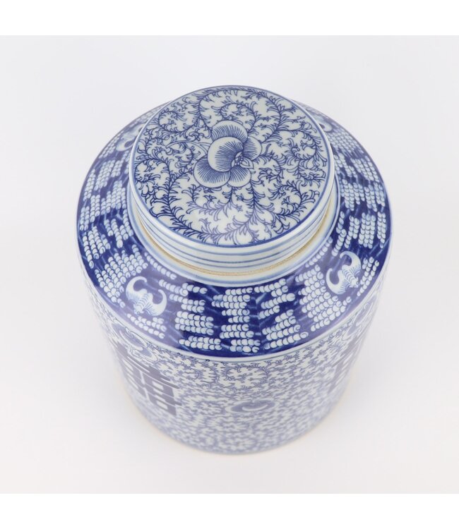 Chinese Gemberpot Porselein Blauw Wit Dubbel Geluk Handgeschilderd D23xH30cm