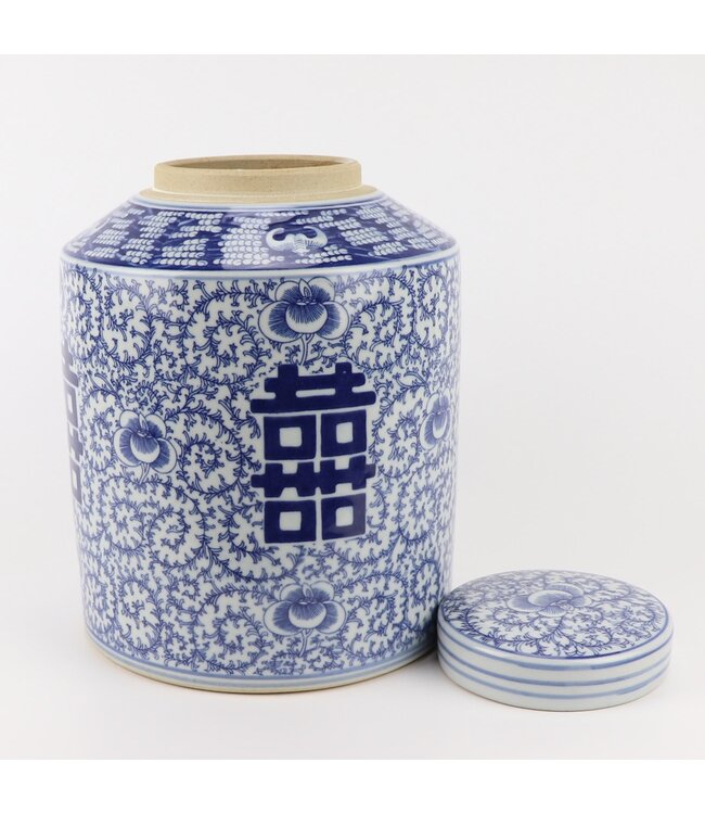 Tarro de Jengibre Chino Porcelana Azul Blanco Doble Felicidad Pintado a Mano D23xAl30cm