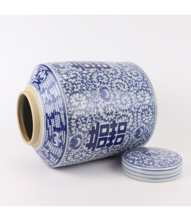 Chinesischer Vase mit Deckel Porzellan Blau Weiß Doppeltes Glück Handgemalt D23xH30cm