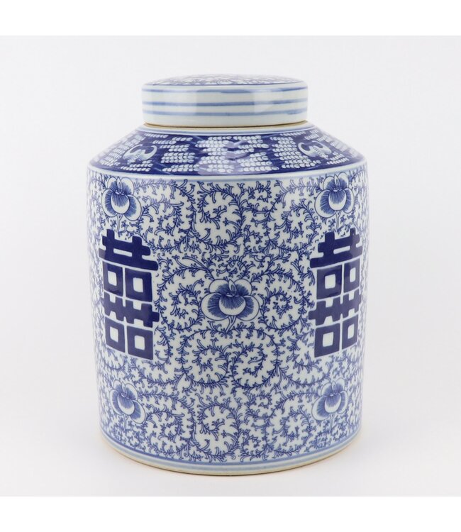 Tarro de Jengibre Chino Porcelana Azul Blanco Doble Felicidad Pintado a Mano D23xAl30cm