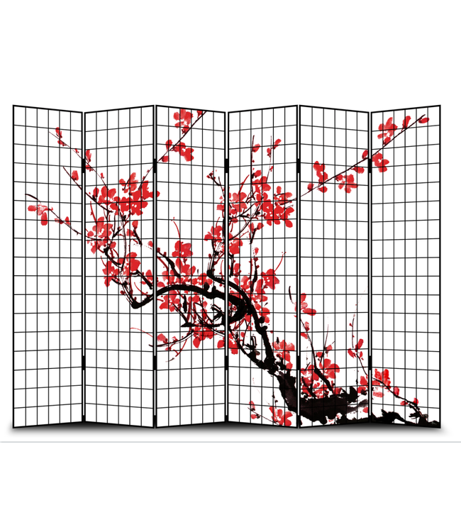 Paravent Japonais L240xH180cm 6 Panneaux Fleurs de Cerisier Noir