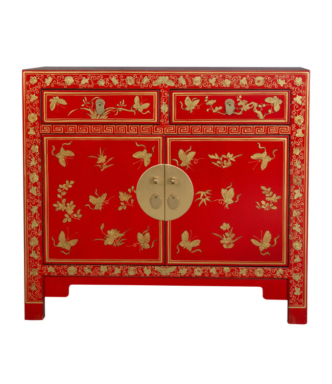 Armadio Cinese Lucky Rosso Farfalle Dipinto a Mano - Orientique Collezione L90xP40xA80cm