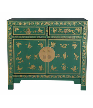 Fine Asianliving Chinese Cabinet Pine Green Butterflies Hand-Painted - Orientique Collection W90xD40xH80cm