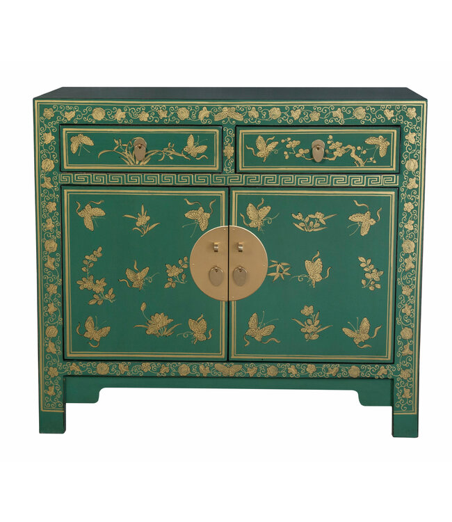 Chinese Kast Pine Green Vlinders Handbeschilderd - Orientique Collectie B90xD40xH80cm