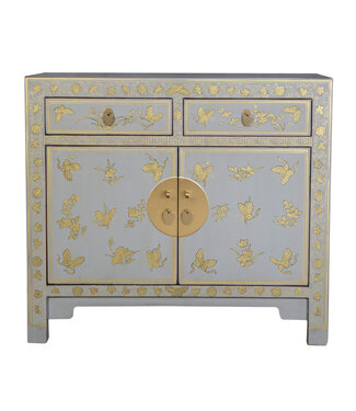 Fine Asianliving Chinese Cabinet Pastel Grey Butterflies Hand-Painted - Orientique Collection W90xD40xH80cm
