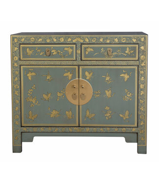 Fine Asianliving Chinese Cabinet Olive Grey Butterflies Hand-Painted - Orientique Collection W90xD40xH80cm