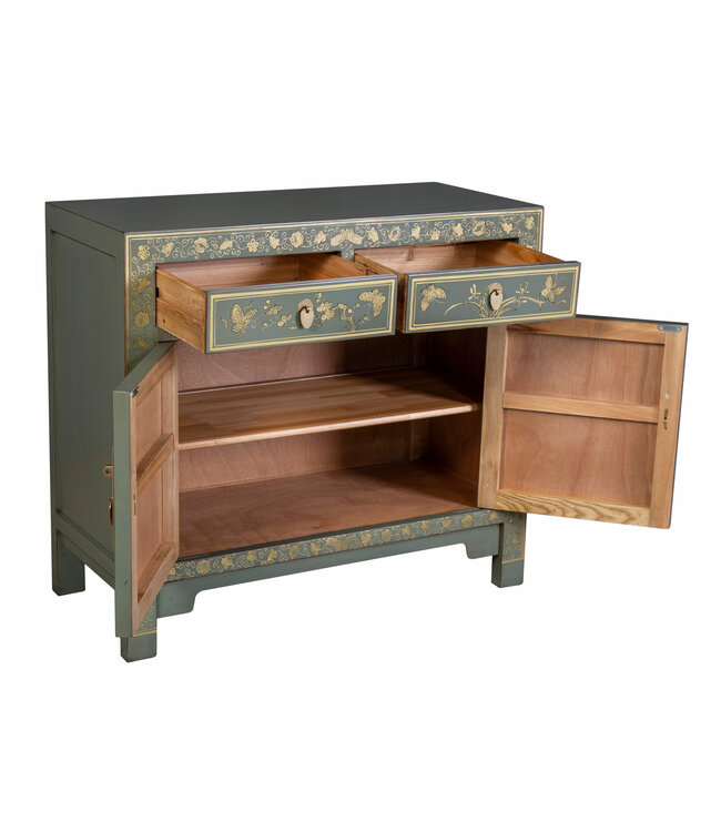 Armadio Cinese Grigio Oliva Farfalle Dipinto a Mano - Orientique Collezione L90xP40xA80cm