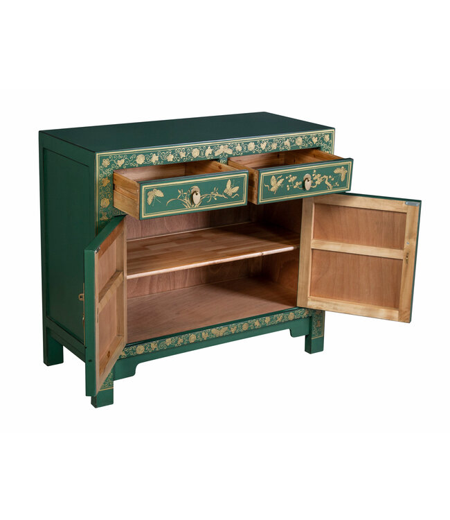 Armoire Chinoise Vert Sapin Papillons Peint à la Main - Orientique Collection L90xP40xH80cm